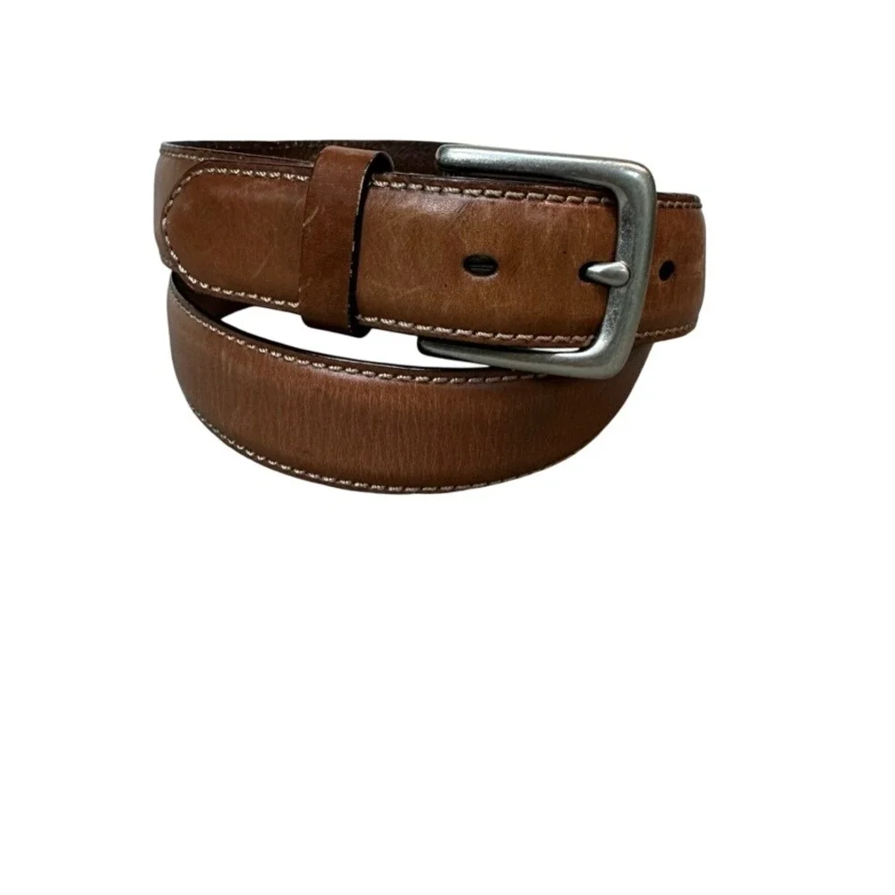 Fossil Mens Brown Leather Belt Size 44 MB1255 200 Contrast Stitch Silver Buckle